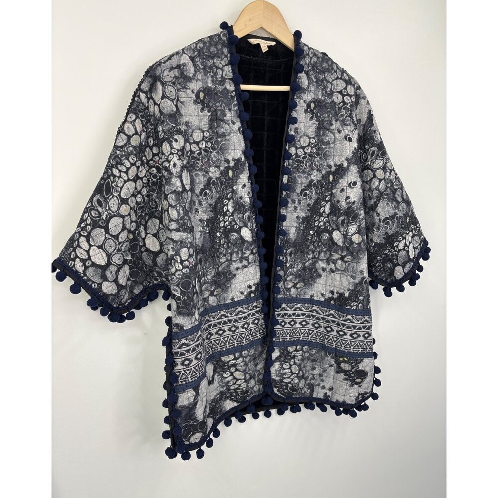 Soft Surroundings Jubilee Faux Fur Lined Quilted Pom Pom Fringe Jacket Blue L/XL - Picture 2 of 7